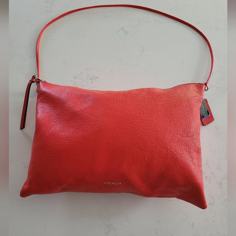 Coach Red Pebbled Leather Crossbody Bag Silver Hardware Foldover Clutch